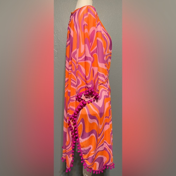 Body Glove Beach Cover Up Dress Orange Pink Psychedelic Pom Pom Trim Mod Large - Picture 2 of 7